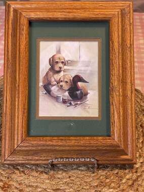 Vintage Ruane Manning Golden Retriever Puppies and Duck Decoy Litho Print in Oak